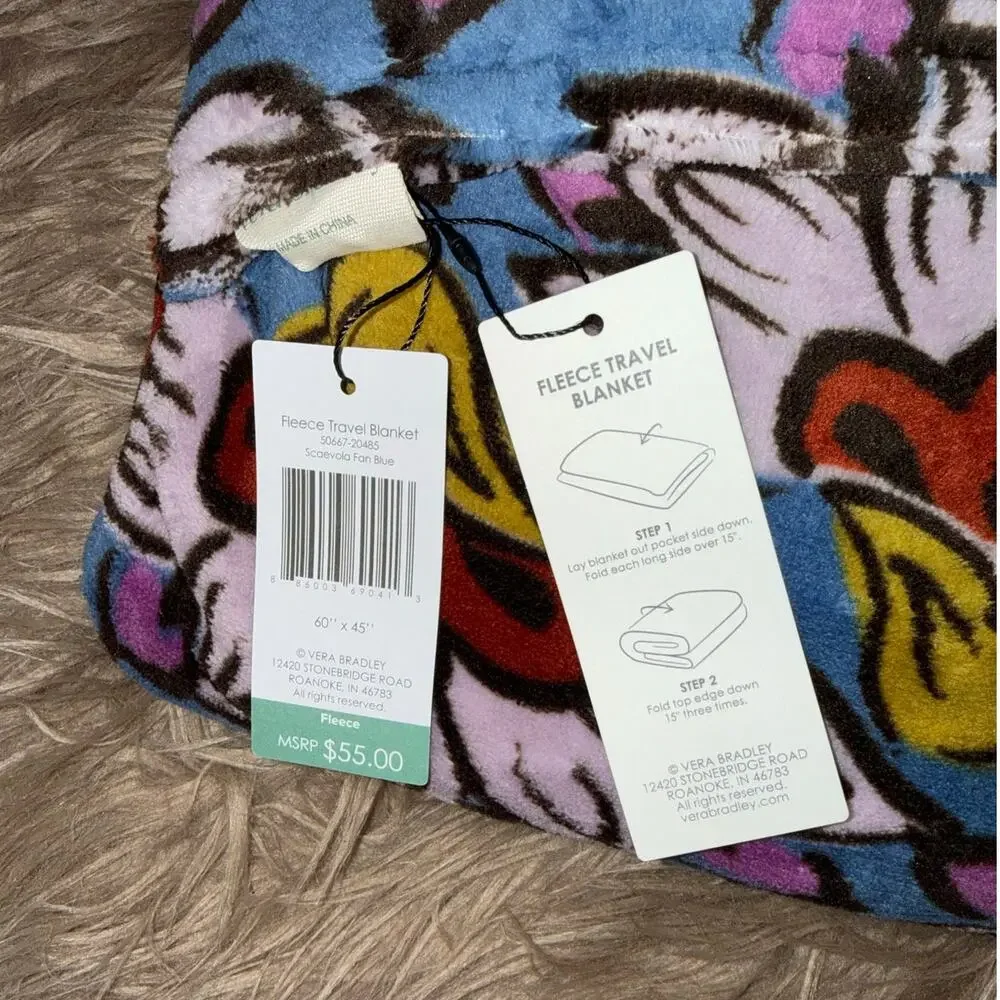 New Vera Bradley Fleece Travel Blanket Scaevola Fan Blue O/S